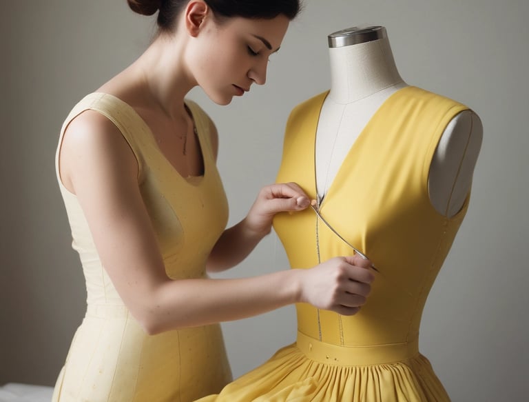 A dressmaker fixing a yellow dress