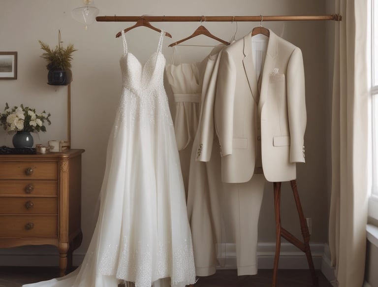 An image of wedding dresses for him and for her, in white
