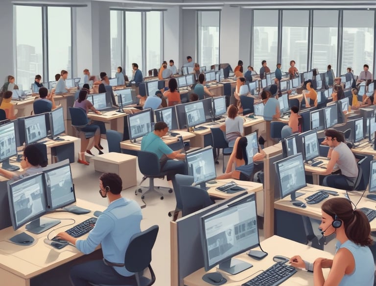 A busy airport terminal features large, carved wooden figures as central pieces of art. Travelers are walking in various directions, some with luggage. Information displays and check-in counters are visible in the background, with the ceiling showing an industrial architectural design.