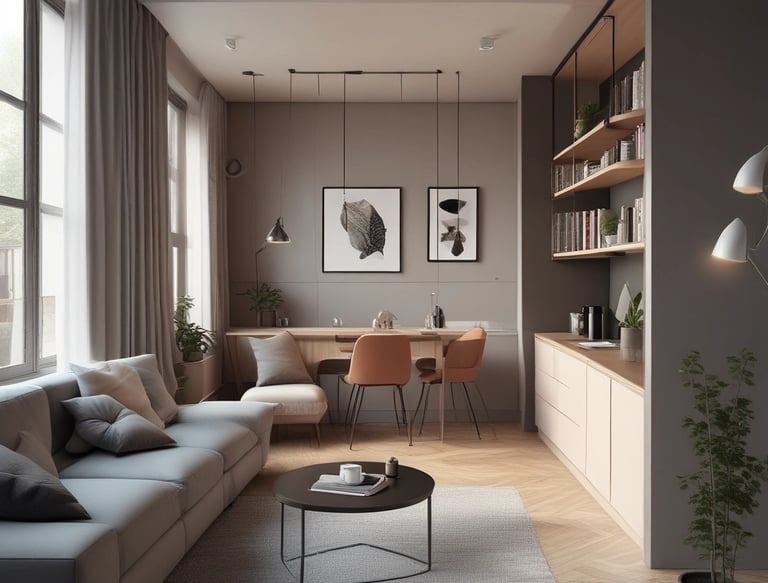 Abstract architectural design featuring reflective glass surfaces with curved yellow lighting accents. Vertical lines from support pillars intersect with curved light patterns, creating a modern and artistic visual. The interior appears sophisticated, with a mix of metallic and glass elements adding depth through reflections.