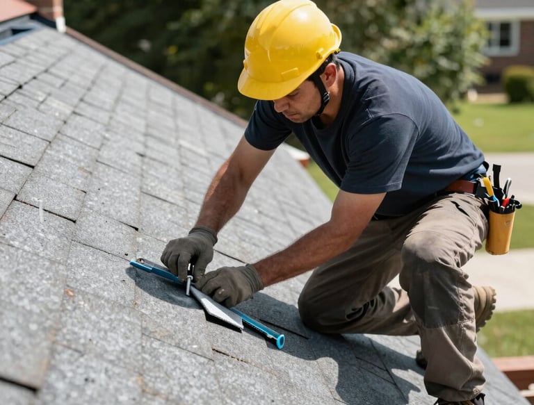 A rooftop workspace where three individuals are engaged in construction or renovation activities. One person is on a ladder working on a wall or chimney, another is standing and holding a black panel, and a third person is bent over handling tools or equipment. Nearby are various construction materials, tools like a leaf blower, a propane tank, and some ductwork. The surrounding environment includes brick walls and a view of trees and buildings in the background.