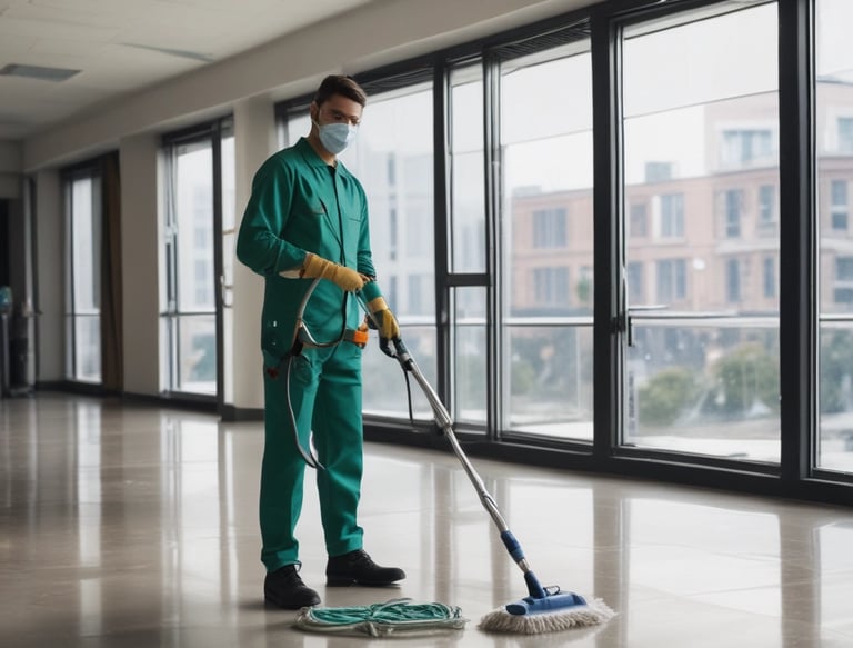A person is cleaning a glass surface on a modern building using a squeegee. They stand on a narrow ledge with a safety harness attached. Another person is on an escalator inside the building, partially visible through the glass.