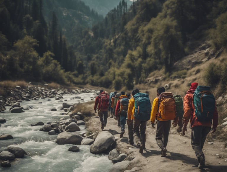 A group of trekkers hiking through scenic trails near Kasol in the Parvati Valley, Himachal Pradesh