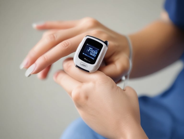 A hand holds a pulse oximeter displaying SpO2 at 97% and PR at 106 bpm. The background is a wooden surface.
