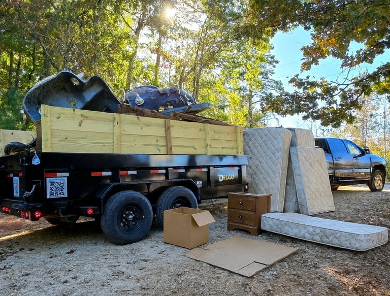 Guaranteed Junk Removal's truck and dump trailer that is full of junk,  old mattresses, boxes, etc.