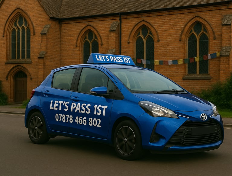Our school car with a sign that says let's pass in Bordon Hampshire