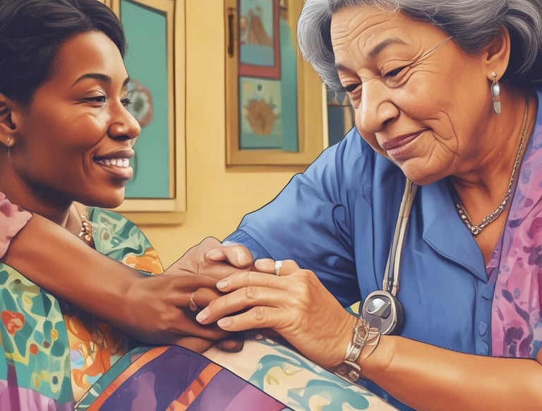 a woman in a blue shirt and a nurse in a hospital