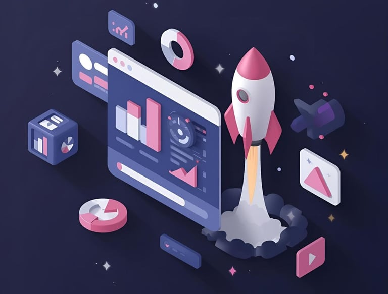 3D browser-style illustration with analytics charts and a stylized rocket icon.
