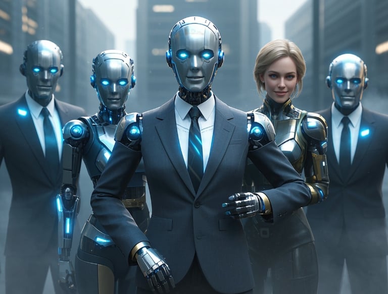 group of ai male and female robots business suits standing together supportive of each other  
