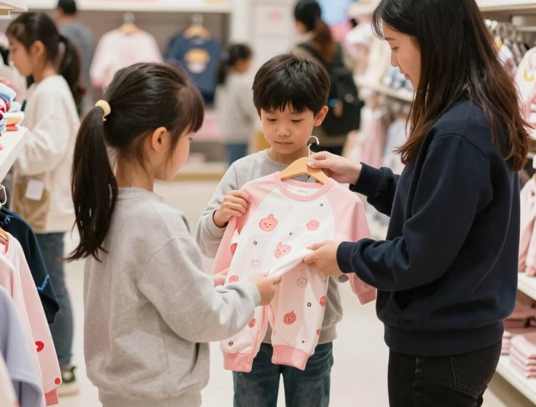 A cluttered laundry room with various garments and towels piled on a large table or basket. Several jackets and clothing items hang above, and washing machines are visible on the right. There is a chair with a fur covering, and cleaning supplies are organized on the far side near a sink.