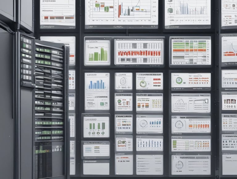 A server rack containing various network and power management devices. The devices feature buttons, switches, and digital displays, indicating active usage and monitoring capabilities. The rack has a black metal mesh design for ventilation.