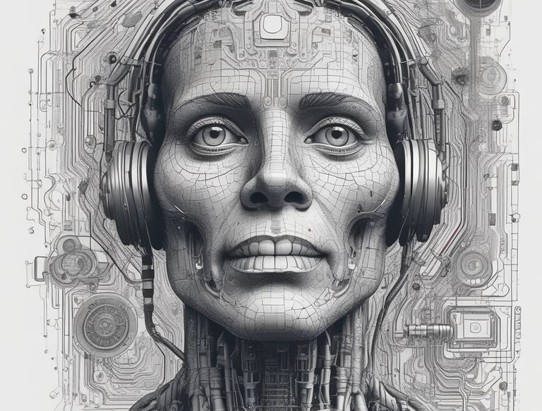 A cloud-shaped object with server racks is connected via cables to a computer monitor. The setup is surrounded by several black squares on a blue background, evoking concepts of cloud computing and data networks.