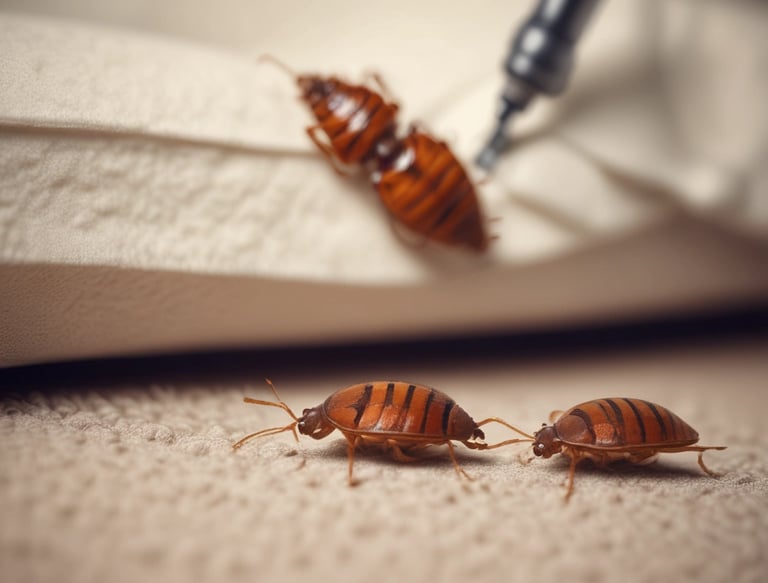 A multi-story building with a red and white exterior stands against a background of a clear blue sky with scattered clouds. There are trees partially obscuring the building, adding greenery to the urban environment. A sign at the bottom indicates a pest control business.