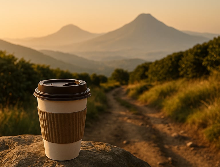 a cup of coffee on a rock with a view of mountains in the background