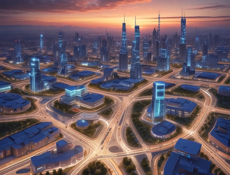 A diverse team collaborating enthusiastically around a sleek, modern workspace with glowing blue accents.