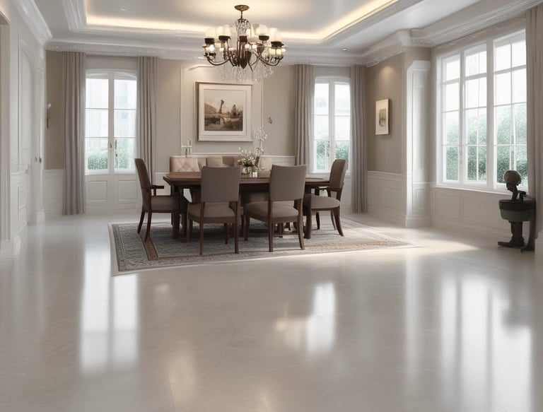 A modern interior space with a sleek design featuring tiled flooring and wood paneling. Large glass doors at the end of the corridor offer a view of a neatly maintained garden with green foliage. The ceiling has inset lighting that casts a soft glow.