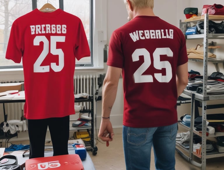 A close-up of a soccer shirt being carefully restored with vibrant colors and new prints.