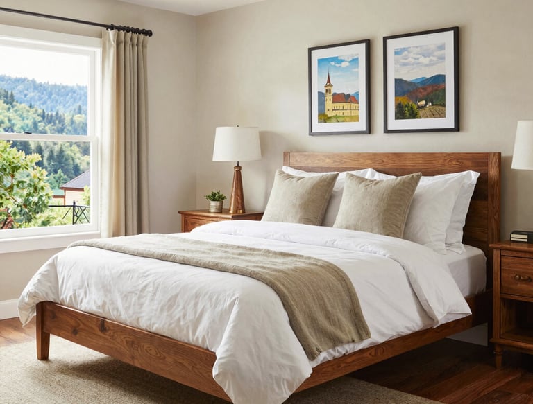 A clean and inviting vacation rental interior with fresh linens and sparkling surfaces.