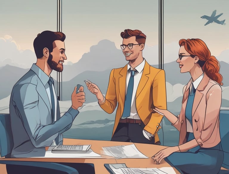 A diverse group of professionals collaborating over a laptop in a modern office setting.