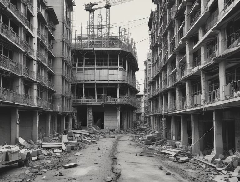 A construction site covered with blue scaffolding is visible. Several signs and banners advertising construction companies and services are attached to the scaffolding. There are details indicating restoration work being done, including contact information and project descriptions.