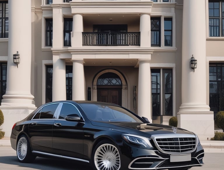 A black car is in the middle of a car wash. The vehicle is covered in soap foam and illuminated by the bright lights of the wash station. Water is spraying from multiple directions, creating a dynamic and dramatic effect as the car's headlights pierce through the suds.