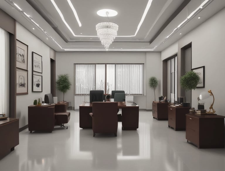 The interior features a modern architectural design with intersecting angular lines and surfaces. Soft, ambient lighting is provided by a row of vertical light fixtures along the walls. The space is largely composed of smooth, white surfaces, with light creating patterns of shadows.