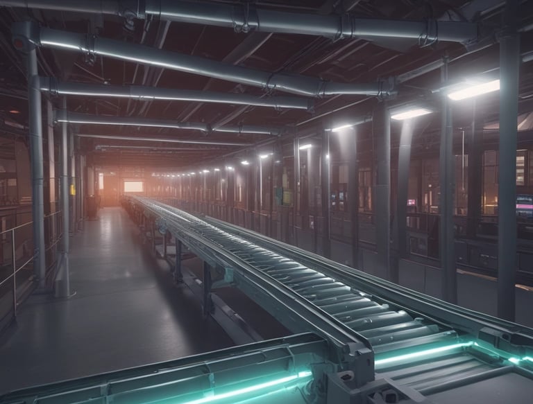 An industrial indoor scene showing an intricate setup of machinery and equipment. There are numerous cables and pipes intertwined, with a chain hoist hanging from above. A staircase is visible on the left side, leading to a platform with railings. Various electrical equipment and control boxes are positioned around the area. The environment seems to be part of a larger facility, with a large vent pipe running horizontally across the wall in the background.