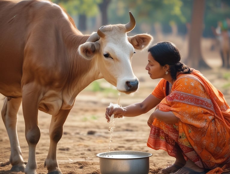 A indian lady extracting milk from desi indian Gir cow with hump