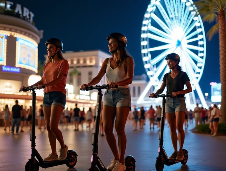 three girls on scooters in front of a ferris wheel