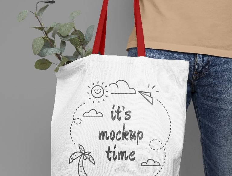 a person holding a tote bag with a plant in it