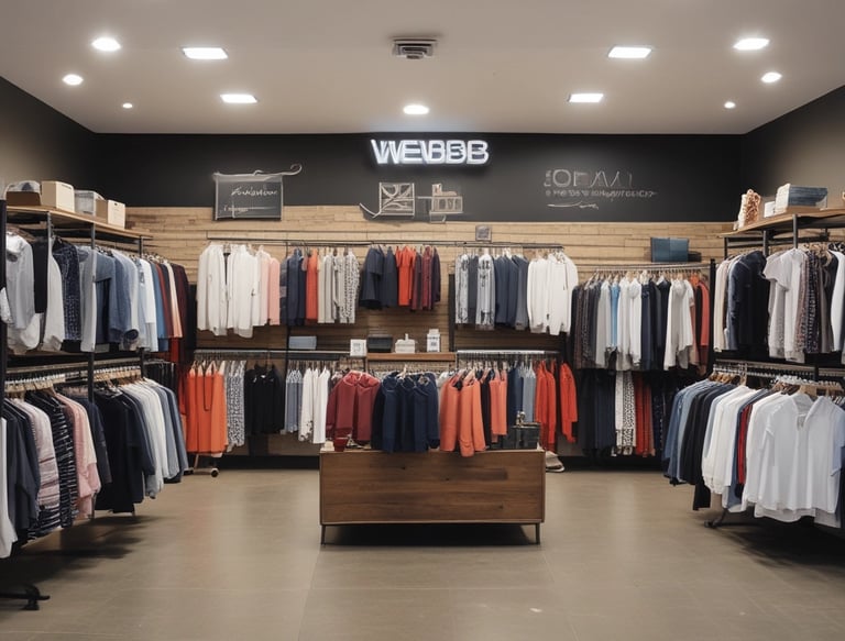A modern fashion retail store with a minimalist facade. The storefront features a large glass window displaying a clothing rack with various garments, including shirts, pants, and dresses in pastel and neutral colors. The exterior wall is covered in dark gray tiles, with a small, rectangular window reflecting a tree.