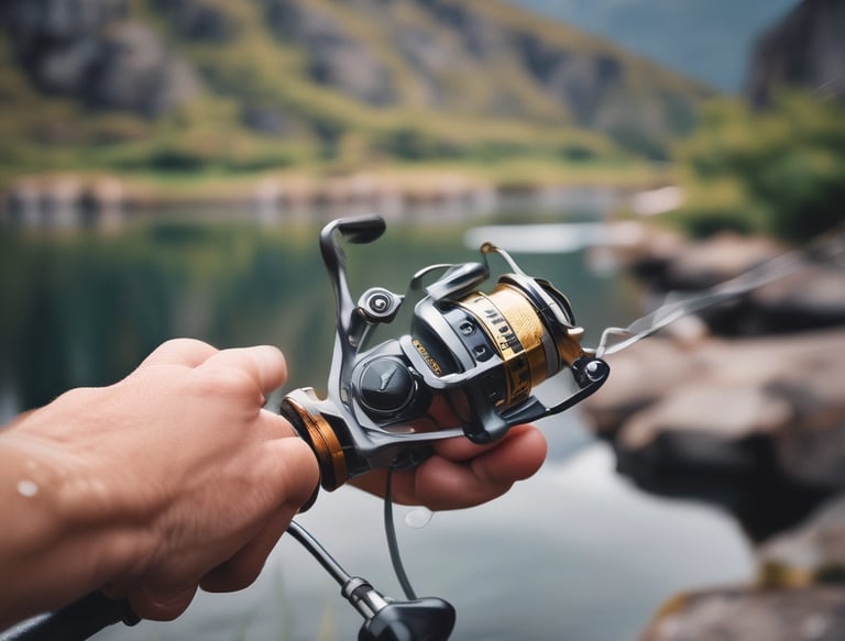 A close-up view of a person holding a fishing rod with a focus on the reel. The hand is wearing a woolen glove, suggesting cool weather. The reel is metallic with green accents, and there is greenery in the blurred background, implying an outdoor setting.