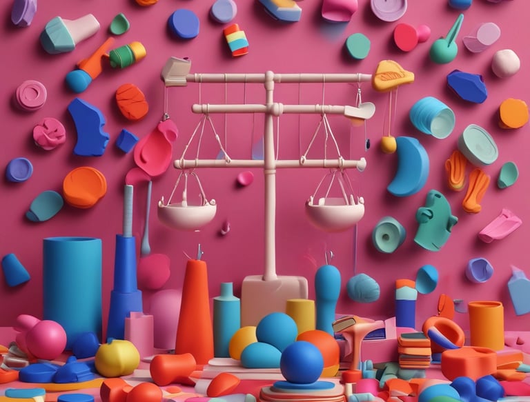 An abstract, pastel-colored, 3D-rendered representation of data analysis and search engine optimization (SEO). The image features a computer interface with various analytics symbols, including a magnifying glass, bar charts, pie charts, and a search bar with the text 'SEO'. Surrounding the interface are different objects such as a potted plant, a cup with a saucer, and a megaphone, all placed on a light green background.