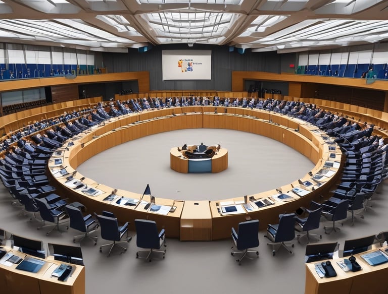 Photograph of the Conseil de Bâle headquarters building with official flags.