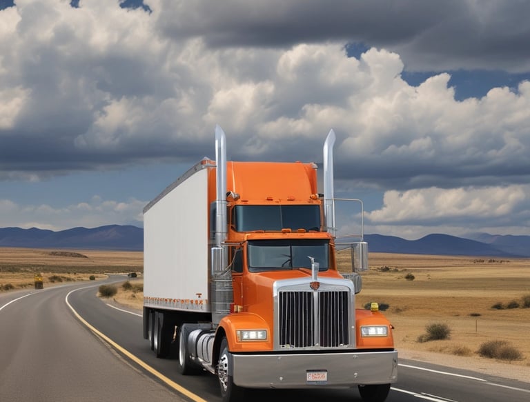 An orange Isuzu truck with a large container on its back is driving on a highway. The truck has signage indicating 'K.B Logistics' and contains decorative elements on the front. The container is mostly blue with white text and appears to be used for transporting goods. The highway is surrounded by greenery, with trees and bushes visible in the background. It's a bright day with clear visibility.