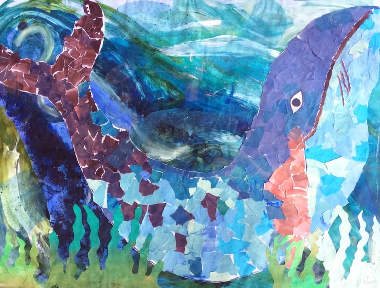 Collage of a whale created by participants at an Age Exchange reminiscence arts session