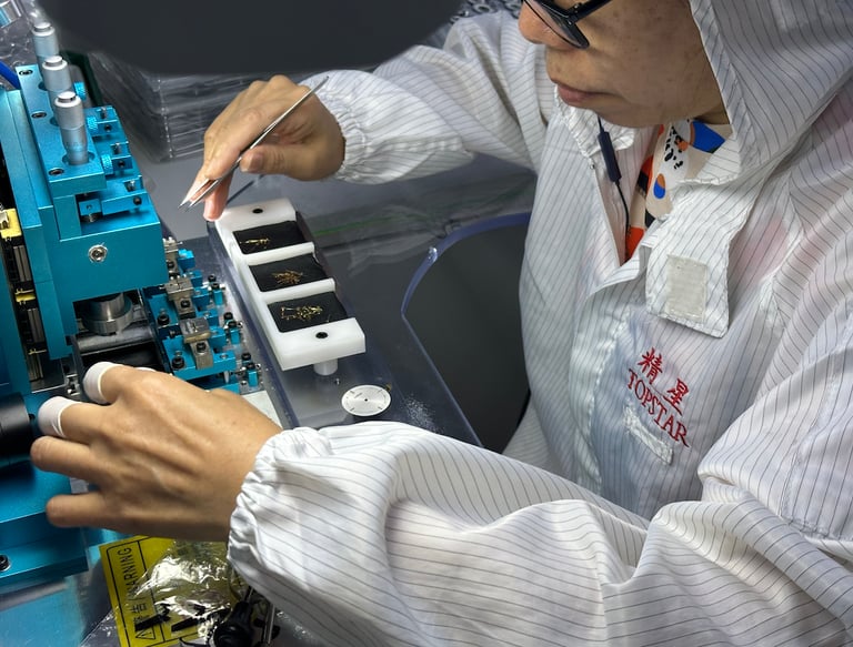 a woman in a white shirt and glasses crafting on a dial machine