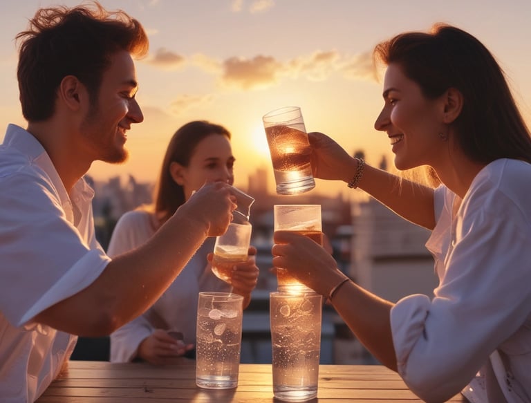 A person is pouring liquid from a glass bottle into a white shaker or tumbler with a green emblem on the side. A protein or recovery shake package labeled 'Lyfefuel' is nearby on the countertop. The person is wearing a light gray zip-up athletic top, and a separate shaker lid rests on the surface.