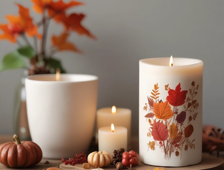 A collection of decorative candles is arranged on a woven mat. The candles are shaped like macarons, bubbles, and a cake topped with fruit. They come in soft pastel colors including pink, blue, and cream. The setting gives a cozy and artisanal feel, with a focus on aesthetically pleasing design.