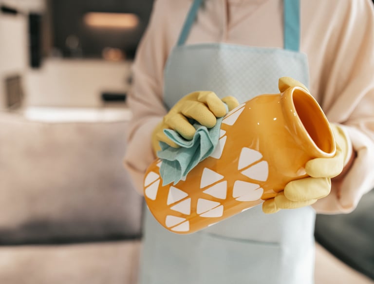 a person in a apron and gloves cleaning a cup