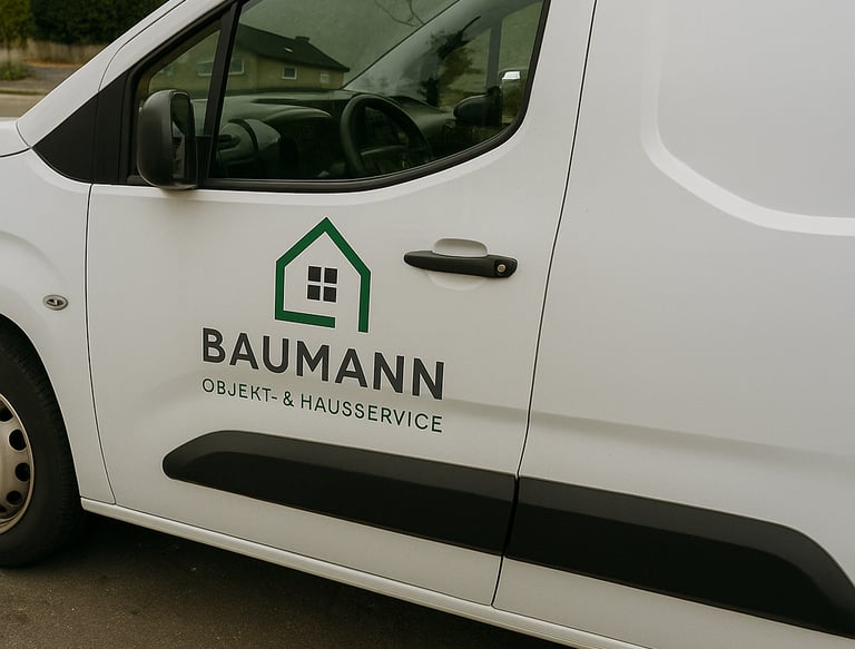 Arbeitsbus von Baumann Objekt- & Hausservice mit Logo drauf