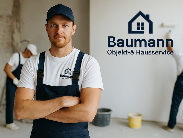 Hausmeister von Baumann Objekt- & Hausservice steht mit Arbeitskleidung vor frisch renovierter Wand