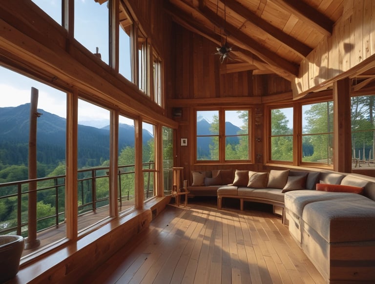 A cozy, sunlit living room with large windows overlooking a scenic landscape.