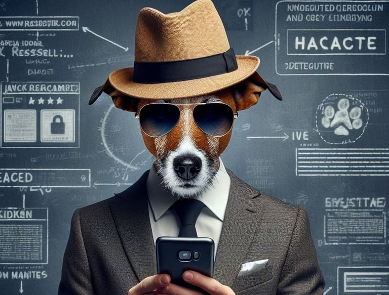 Jack Russell ID detetive usando chapéu, terno cinza, gravata preta e óculos escuros