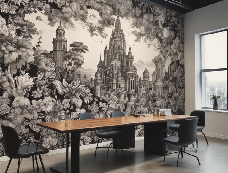 A computer monitor displays a graphic design software interface, specifically Adobe Photoshop CC 2018. The screen shows a digital webpage layout with various sections, featuring vibrant and colorful graphics. In the foreground, a desk with a notebook and some handwritten notes is visible, while another partially visible screen displays a scenic green landscape.