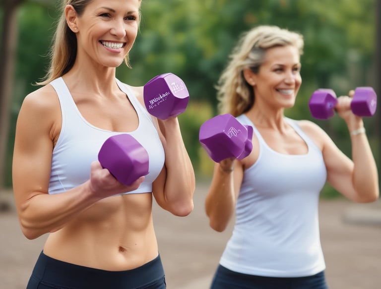 Six women are exercising in a spacious, light-filled gym with exposed brick walls and large windows. They are standing in a row, each holding a pink dumbbell in one hand, and appear to be engaged in a fitness routine. The women are dressed in athletic wear, including sports bras and leggings, in a variety of colors. The room has a high, wooden-beamed ceiling and a polished concrete floor.