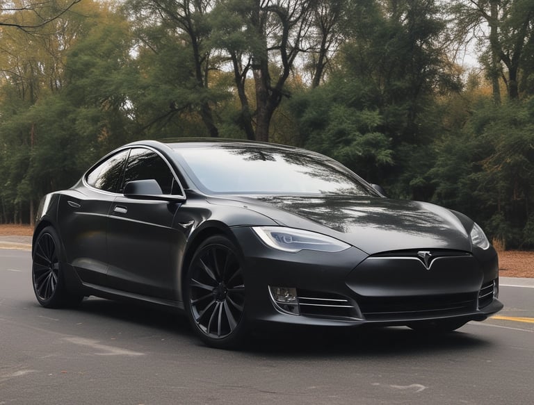 A large, prominent red sign with the Tesla logo and brand name is placed near a parking area. Surrounding the sign are parked cars, including a white Tesla Model S. The background features a street with buildings, including a brick building with multiple windows and a store with the Aldi logo. The sky appears overcast.