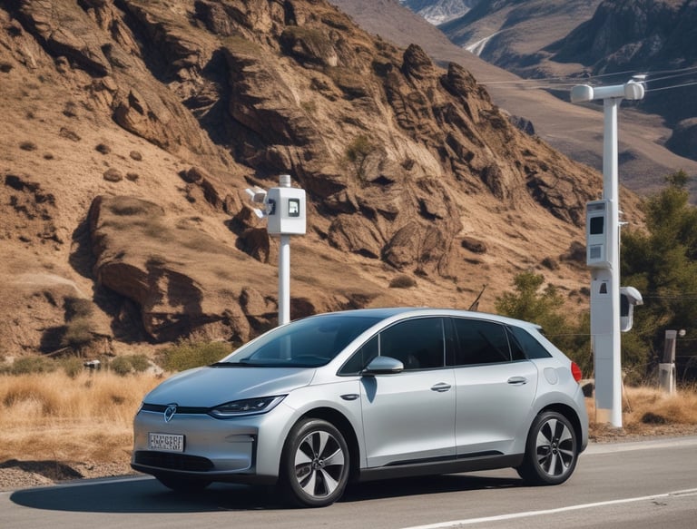 A black Tesla SUV with its falcon-wing doors open is parked on a dirt path. Behind the car, there is a scenic view of mountains and a cloudy sky.