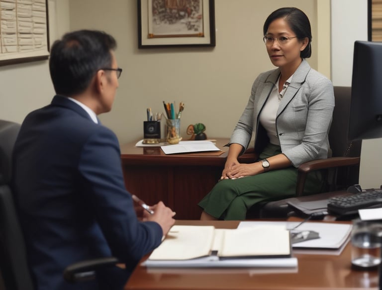 A group of people are having a meeting in a modern office space. A woman is standing at the front, appearing to lead the session or present a topic. Others are seated around a table with laptops and documents, clapping their hands. The decor includes a visually engaging wall with words written in different fonts.