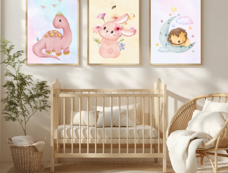A baby's room with a crib and three cute animal poster designs.